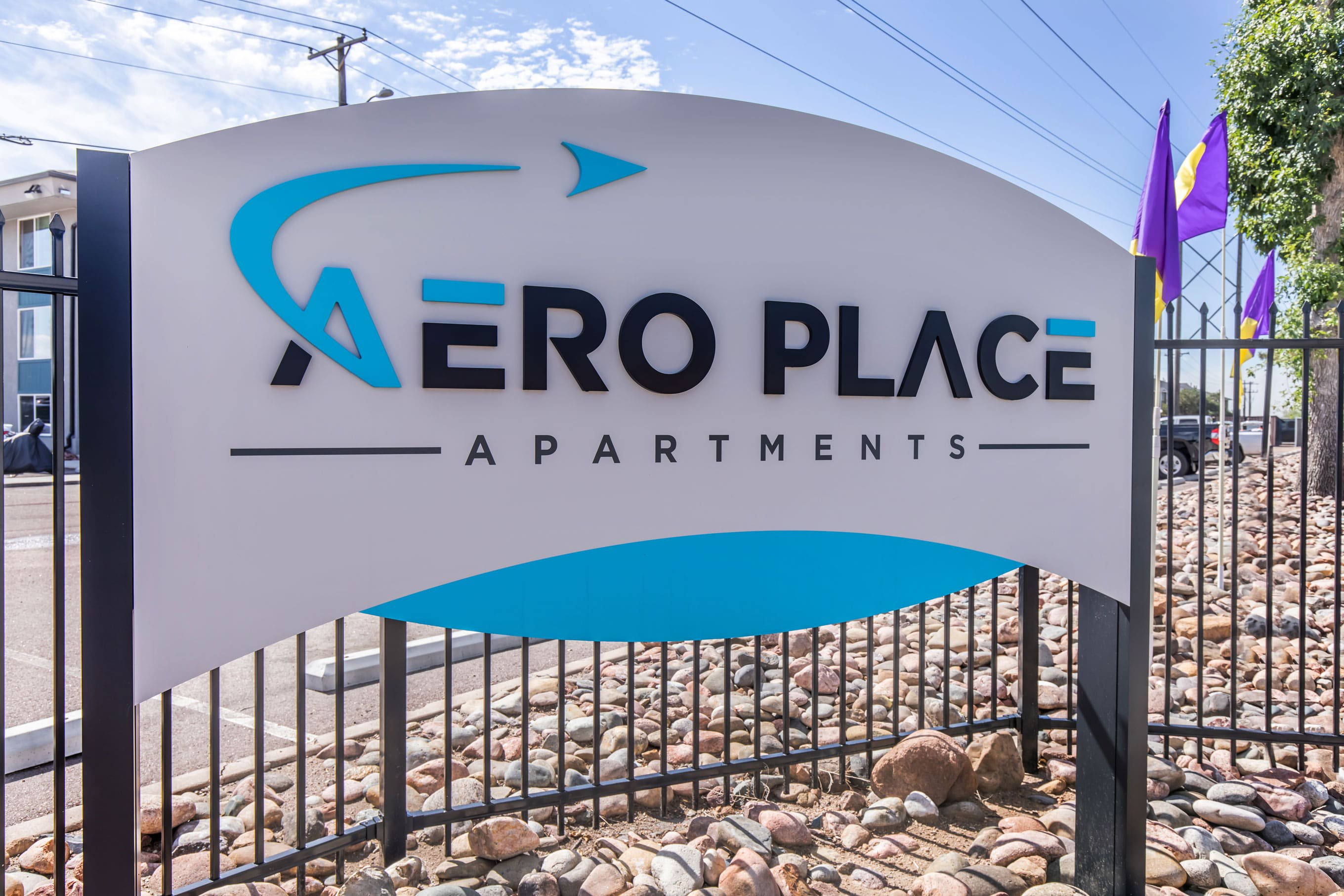 exterior sign at the Aero Place Apartments, located in Colorado Springs, CO.